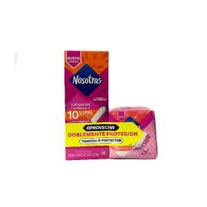 TAMPONES NOSOTRAS SUPER SIN APLICADOR CAJA X 10 UNDS + PROTECTORES BOLSA X 15 UNDS